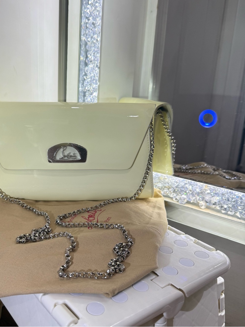 Christian Louboutin Cream Patent Crossbody with Silver Chain